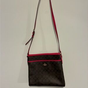 Coach Brown Signature Crossbody with Pink Trim and Strap